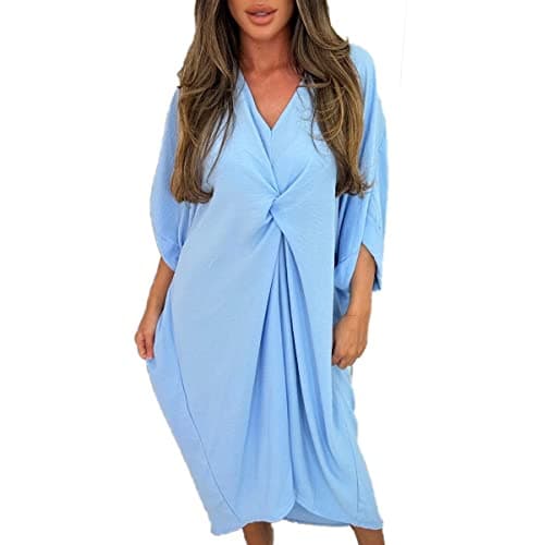 Image of Women’s Ladies V-Neck Knot Twist Short Sleeve Baggy Oversized Loose Fits Smock Midi Casual Longline Summer Dresses for Women Sky Blue 12-24