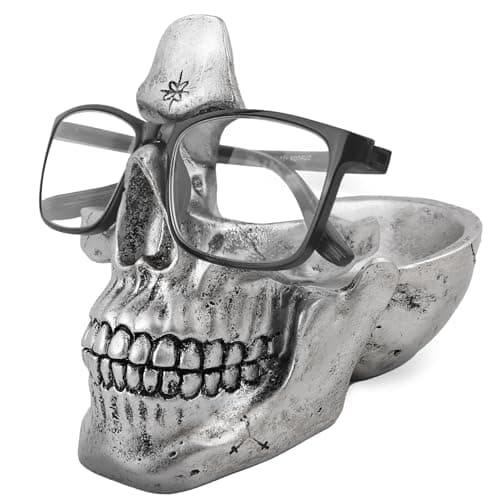 Image of VIPbuy Skull Glasses Holder Stand, Novelty Eyeglass Holder Rack with Storage Tray for Nightstand, Resin Skull Head Statue Sculpture Home Office Desk Decor Gift (Silver)