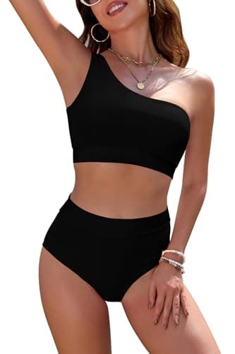 Image of SHEKINI Bikini Set for Women High Waisted One Shoulder Two Piece Swimsuit Padded Tummy Control Swimwear Vintage Bathing Suit Black
