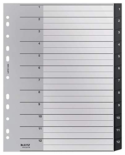 Image of Leitz Index Folder Divider, 1-12 Numerical Tabs, A4, Extra Wide, 90% Recycled Plastic, Eco Friendly, Premium Quality, Recycle Range, 12090095, Black