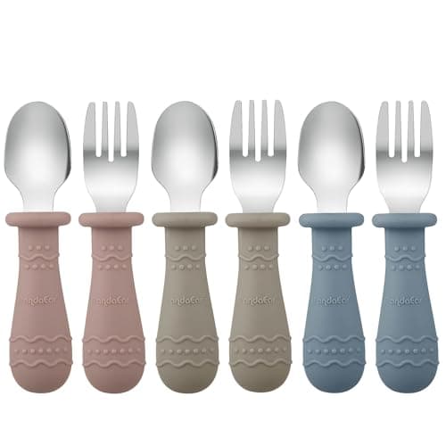 Image of PandaEar Toddler Utensils, 6 Pack Kids Spoons and Forks, 18/8 Stainless Steel & Food Grade Silicone Children Silverware Set, Dishwasher Safe (Blue/Brown/Red)