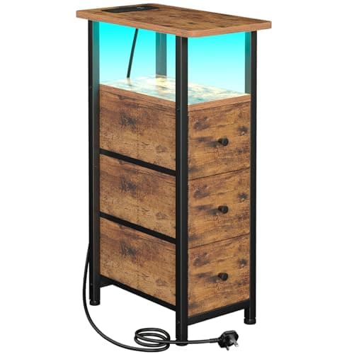 Image of LOAKEKEL Slim Bedside Table with Charging Station, Narrow Side Table with LED Light, Sofa Table with 3 Fabric Drawers, End Table, Nightstand for Small Spaces, Living Room, Rustic Brown UHETNDP03PLBR-1