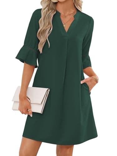 Image of Famulily Ladies Summer Short Sleeve Tunic Dresses Elegant Classy V Neck Mini Sun Dress to Hide Tummy Dark Green XL