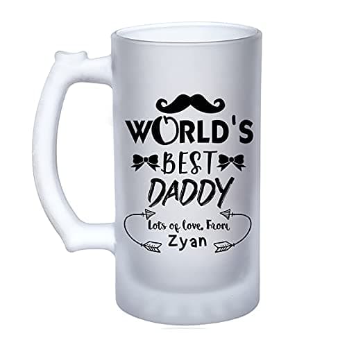 Image of Personalised World's Best Daddy Fathers Day Moustache/Bow Love Any Name Funny Gift for Dad Birthday 16oz Frosted, Tankard, Stein, Pint Beer Glass/Mug.