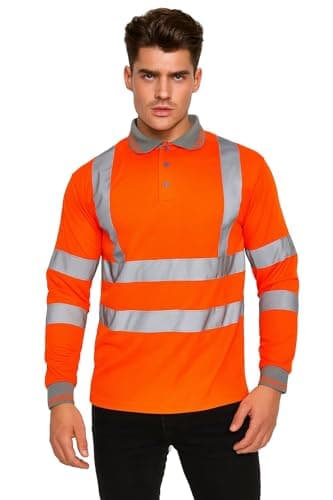 Image of Candid Styles® Hi Viz High Visibility Long Sleeve Polo Shirts - Men's Reflective Tape Safety Hi Vis Security Work Breathable Lightweight Workwear T-Shirt Tops (Orange, Small)