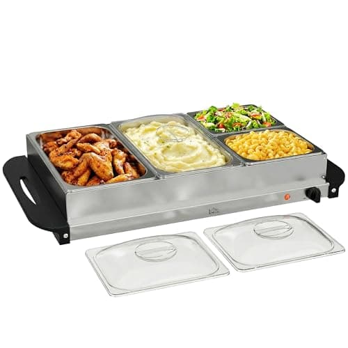 Image of HOMCOM 4 Tray Electric Food Warmer Buffet Server with Warming Plate, Cool Touch Handles, Adjustable Temperature, 300W, 2 x 2.4L and 2 x 1L Pans