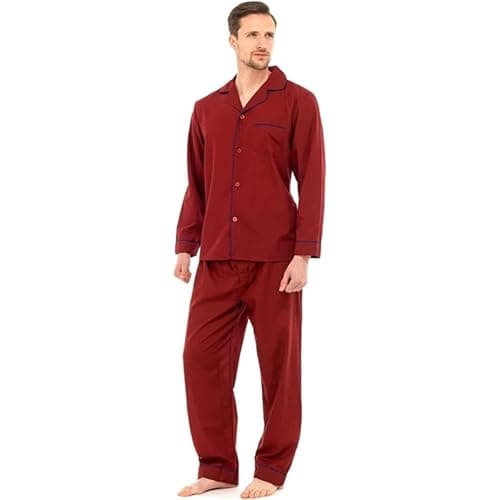 Image of Mens Pyjama Set –Soft Cotton Traditional 2 Piece Pjs Classic Button Down Nightwear Long Sleeve Top & Elastic Waist Bottoms | Sleepwear & Loungewear with Chest Pocket- Wine M