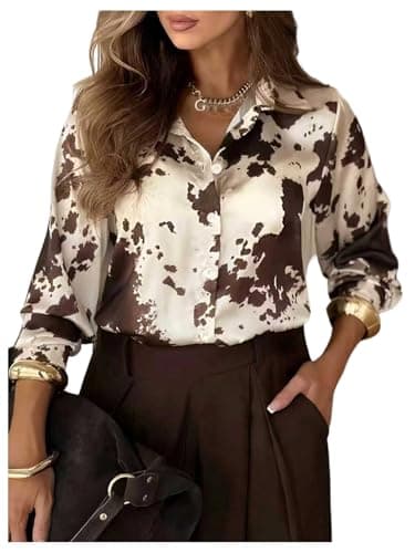 Image of GORGLITTER Women's Leopard Print Button Up Blouses Long Sleeve Collar Neck Tunic Shirts Elegant Tops White and Brown Medium