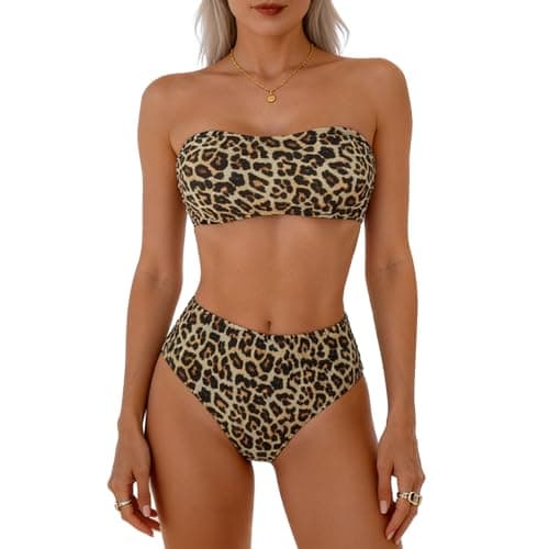 Image of High Waisted Bikini Set for Women UK, Sexy Leopard Print Strapless Bandeau & Briefs, 2 Piece Swim Sets for Beach, Pool & Holiday (UK, Alpha, L, Regular, Regular)