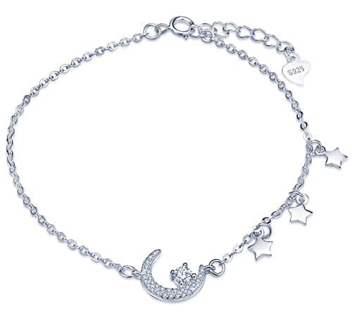 Image of Yumilok 925 Sterling Silver Cubic Zirconia Moon and Star Charm Bracelet for Women/Teenager/Girls