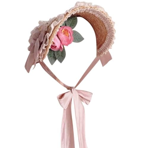 Image of Besforta Girls Women Victorian Lolita Flat Bonnet Cap Tea Party Sun Hat Lace Bows Flower Ribbons Straw Hats Pink