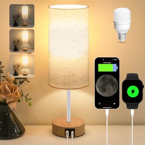 Image of Aomeya Bedside Lamps, Table Lamp for Living Room Bedroom, Touch Lamps Bedside with USB A+C Charging Ports, Dimmable Small Lamp with Fabric Shade for Kids Room