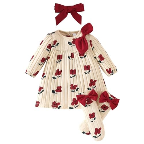 Image of Yoolhamy 3Pcs Baby Girl Dress Infant Long Sleeve Outfit with Bow Headband+Socks Infant Cute Print Clothes for 1-12 Months (Flower, 6-9 Months)