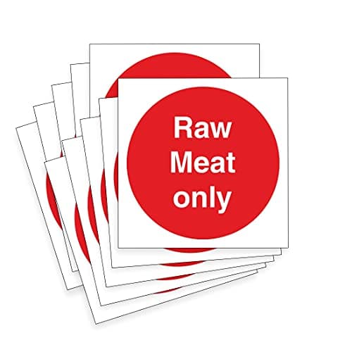 Image of Pack of 10 Raw meat only signs - hygiene health and safety - 100mm x 100mm self adhesive vinyl label stickers