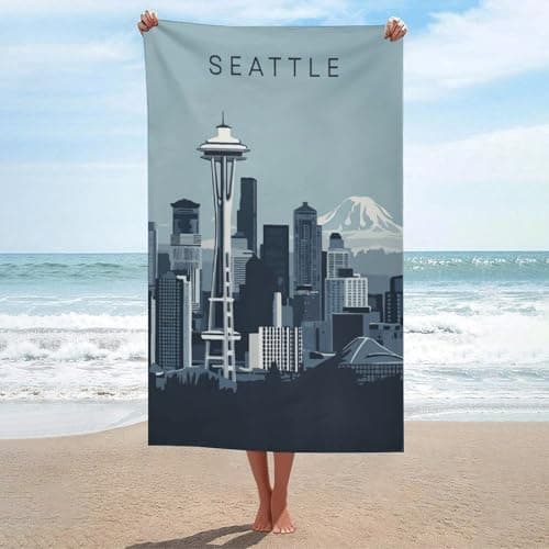 Image of sinyumoney Seattle Skyline Illustration Beach Towels Lightweight And Quick Dry Bath Towel for Swim Surf Beach Bath Daily Use Hotel Spa 130 X 80 Cm
