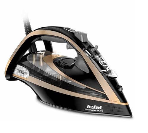 Image of Tefal Ultimate Pure Steam Iron, 3100W, 280g/min Steam Boost, 350ml Water Tank, 3m Cord, Non-Stick Durilium Soleplate, Anti Scale, Anti-drip, Black and Gold FV9843G0