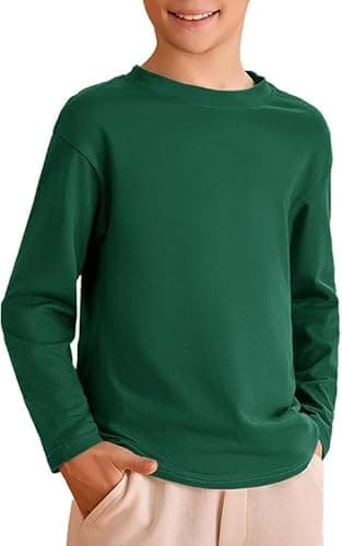 Image of Haloumoning Boys' T-Shirt Kids Long Sleeve Crew Neck Plain Basic Shirt Leisure Sports Tees Tops 5-14 Years, Green, 13-14 Years