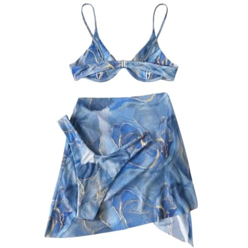 Image of BSLVWG Women's 3 Piece Bikini Sets Tie Dye Marble Print Halter Triangle Bikini Sets with Drawstring Beach Cover up Skirt Swimsuits Swimwear (UK, Alpha, M, Regular, Regular, Blue)