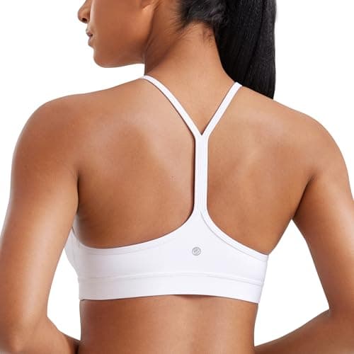 Image of CRZ YOGA Women's Butterluxe Padded Sports Bra - Low Impact Y Back Strappy Bra Racerback Spaghetti Straps Gym Yoga Bras White XS