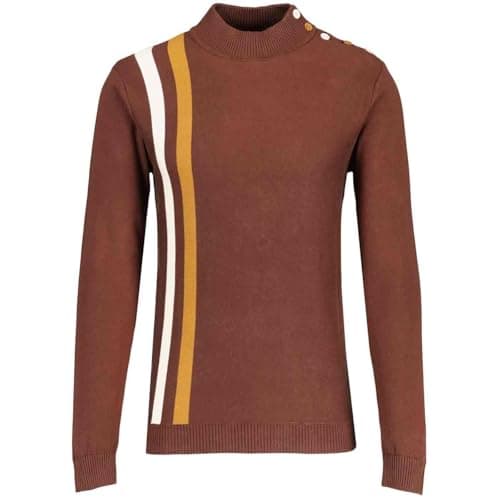 Image of Madcap England Men's Mod 60s 70s Racing Stripe Turtleneck High Neck Jumper Sweater with Shoulder Buttons Coleridge MC61 (UK, Alpha, L, Regular, Regular, Potting Soil)