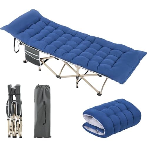 Image of Yaheetech Folding Camping Cot Portable Outdoor Bed for Adults w/Mat & Storage Bag & Carry Bag, Heavy Duty Cots for Outdoor Travel & Office/Home Nap Gray Cot/Blue Pad