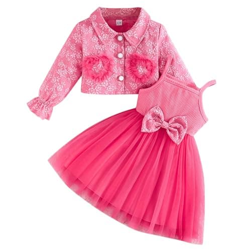 Image of Kunyeah Baby Girl Tutu Dress with Cardigan Little Girl Tulle Sleeveless Dress Floral Lace Jacket Toddler Long Sleeve Outfit Pink