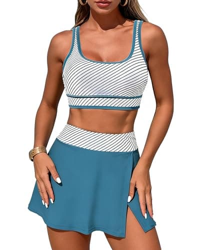 Image of EOAMGO Women’s Bikini Set with Skirted Bottom, Two Piece High Waisted Swimsuit, Sporty Scoop Neck Tank Style Top & Swim Skirt Shorts, Tummy Control Swimwear (UK, Alpha, M, Regular, Regular, Blue)
