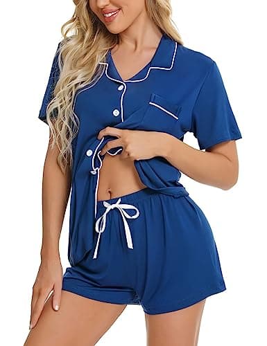 Image of SWOMOG Women Pyjamas Set Short Sleeve Sleepwear Womens Button Down Nightwear PJ Set with Pockets S Navy