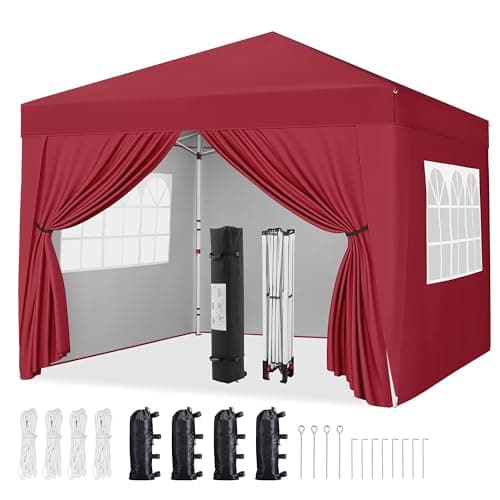 Image of Yaheetech Pop-Up Gazebo 3x3 with 4 Removable Side Panels, Silver-costed Oxford Marquee Canopy with Wheeled Bag & Sandbags, Metal Frame Shelter Tent for Outdoor Garden Party Camping, Red