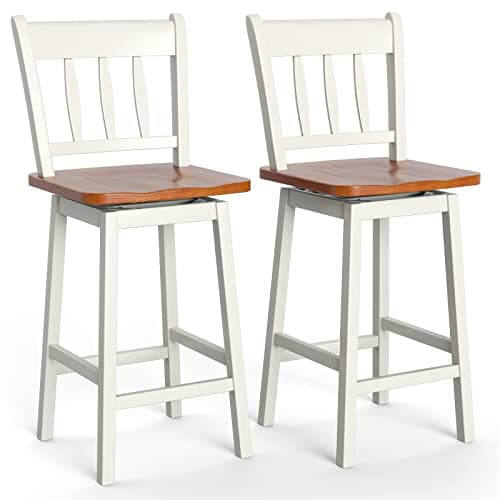 Image of COSTWAY Bar Stools Set of 2, 360°Swivel Rubber Wood Bar Chairs with Backrest & Footrest, Counter Height Barstools for Kitchen Island Pub Dining Living Room (43 x 46 x 97cm, White)