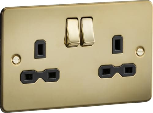 Image of Flat Plate Double Socket in Polished Brass with Black Insert