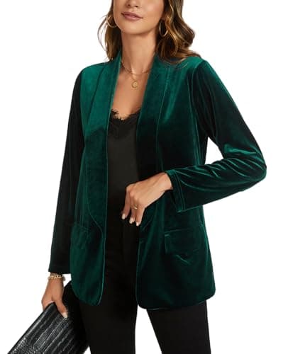 Image of MINTLIMIT Women Casual Velvet Blazers Shawl Lapel Open Front Work Suit Long Sleeve Office Blazer Jacket with Pockets 2025 Fall Dark Green