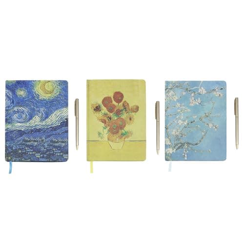 Image of The Leonardo Collection Set of 3 Van Gogh A5 Hardback Notebook & Pen - Starry Night, Sunflowers and Almond Blossom Design