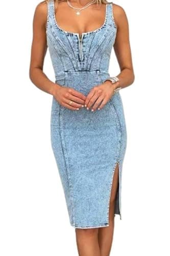 Image of Women's Denim Dress Sexy V Neck Side Slit Bodycon Sleeveless Jeans Short Dresses, Blue, M