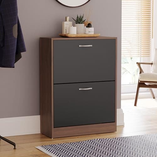 Image of Vida Designs Shoe Cabinet, Wooden Shoe Storage Unit with 2 Pull-Down Drawers, Multifunctional Dust-Proof Space-Saving Slim Cupboard for Hallway or Entryway (Walnut & Black)