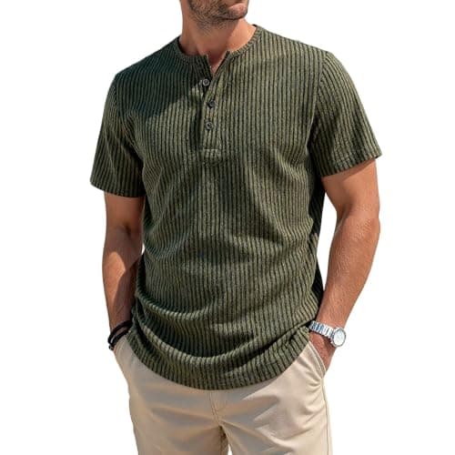 Image of Henley T Shirt Mens Striped Short Sleeve T-Shirt - Button Placket Breathable Mens Tops for Summer Daily Casual Wear Office Outings Outdoor Sports Workout