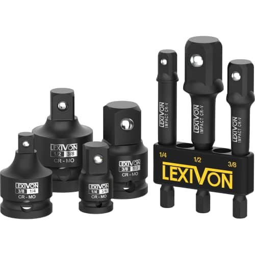 Image of LEXIVON Impact Socket Adapter Combo Kit, 7-piece Increaser, Reducer & Extension Set | 1/4"-3/8"-1/2" Impact Driver Conversions, Active Rust Protection By Black-Phosphate Coating Treatment (LX-109)