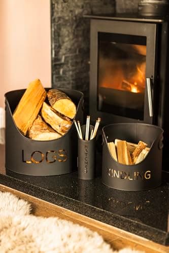 Image of Marco Paul 3pc Log Basket, Kindling Wood Bucket, And Matchsticks Holder Set Heavy Duty Metal Fireplace Accessories Large Log Baskets For Wood Burner Indoor Small Kindling Bucket Large Matches Holder