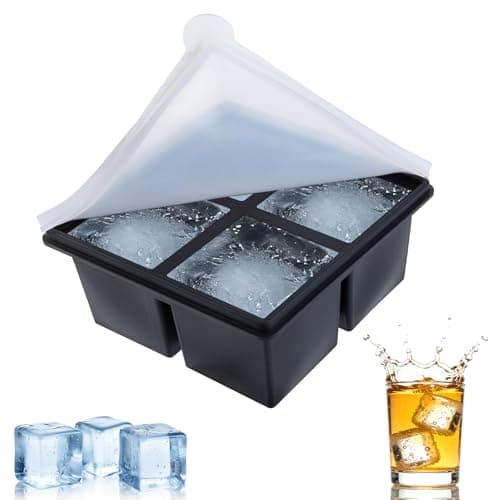Image of FACHOI Large Ice Cube Moulds with Lid, Big Silicone Ice Trays for Freezer, BPA Free and Easy Release, Perfect for Chilled Drinks, Freezer Food, Whiskey and Cocktail, Juice, Coffee F6-BKMJ (4 Square)