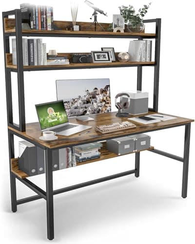 Image of Aquzee Desk with Shelves, 140 cm Home Office Writing Desk with Storage, Study Table Organized with 3 - Tier Storage Shelf for Study, Writing, Workstation, Easy Assemble, Rustic Brown