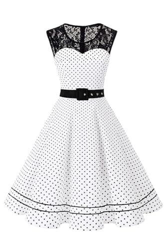 Image of AXOE Women's 1950s Vintage A-Line Dress Fit and Flare Swing with Removable Belt for Wedding Guest & Cocktail Party UK White and Black Polka Dot, Size 10, S