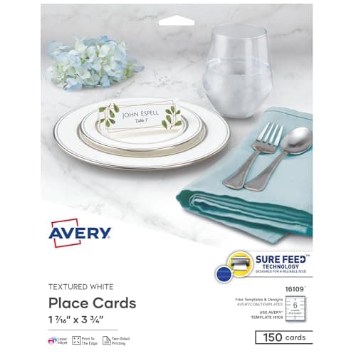 Image of Avery Printable Blank Place Cards with Sure Feed, 1.43" x 3.75", Textured White, 150 Customizable Tent Cards (16109)