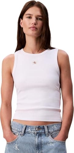 Image of Calvin Klein Women’s Woven Label Cotton Rib Tank Top with Logo, White (Brilliant White), XL