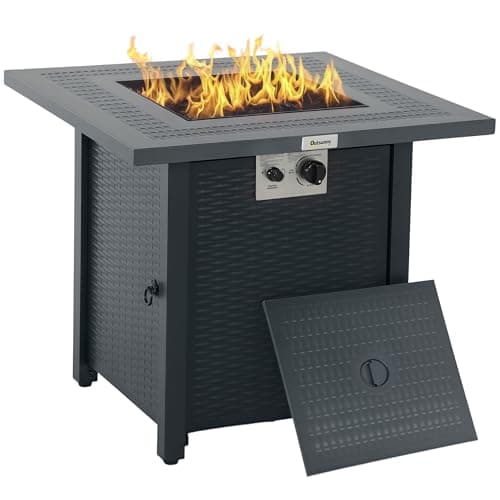 Image of Outsunny Square Propane Gas Fire Pit Table, 40000 BTU Rattan Smokeless Firepit Patio Heater with Lava Rocks and Lid, 71cm x 71cm x 62cm, Dark Grey
