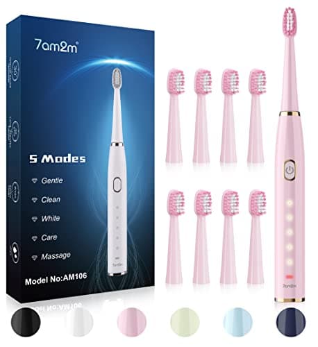 Image of 7AM2M Sonic Electric Toothbrush for Adults and Kids- High Power Rechargeable Toothbrushes with 8 Brush Heads,5 Adjustable Modes, Built-in 2-Minute Smart Timer,4 Hours Fast Charge for 75 Days(Pink)