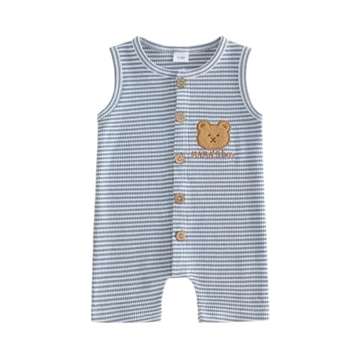 Image of Carolilly Infant Baby Dungarees Newborn Baby Boys Sleeveless Waffel Romper Round Neck Striped Bear Embroidery Jumpsuit Toddler Cute Clothes (Blue, 3-6 Months)
