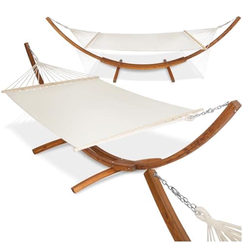 Image of tectake® XXL Double Hammock with Wooden Stand - Solid Wood, Cotton & Stainless Steel Construction - 200 kg Load Capacity - Use Freestanding Outdoors and Indoors - For Garden, Patio or Terrace - White