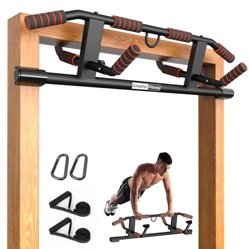 Image of AmazeFan Pull Up Bar Doorway with Ergonomic Grip - Fitness Chin-Up Frame for Home Gym Exercise - Multi-Angle Grip - 2024 Upgrade Smart Hook (Fits Almost All Doors) (Black/Orange) (Black/Orange)