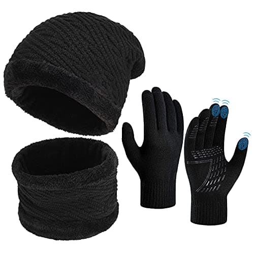 Image of OOPOR Winter Hat Scarf Gloves Set - Thermal Warm Knitted Beanie Cap Circle Neck Warmer Touchscreen Glove Outdoor Sports Super Soft Fleece Inner Lining Stretchy Elastic for Men Women Black