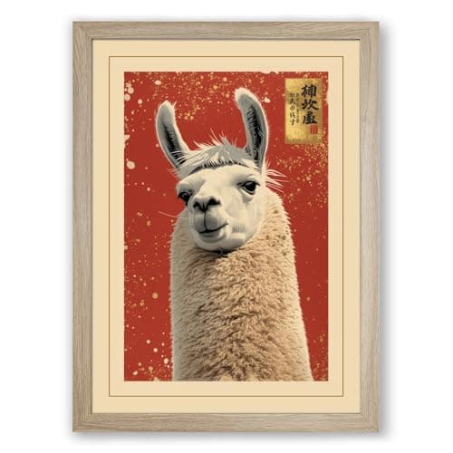 Image of Llama Portrait Vintage Framed Wall Art Print A1 (84.1×59.4cm) Oak, Wall Decor for Living Room, Bedroom, Office & Home, Ready to Hang, Art Gift